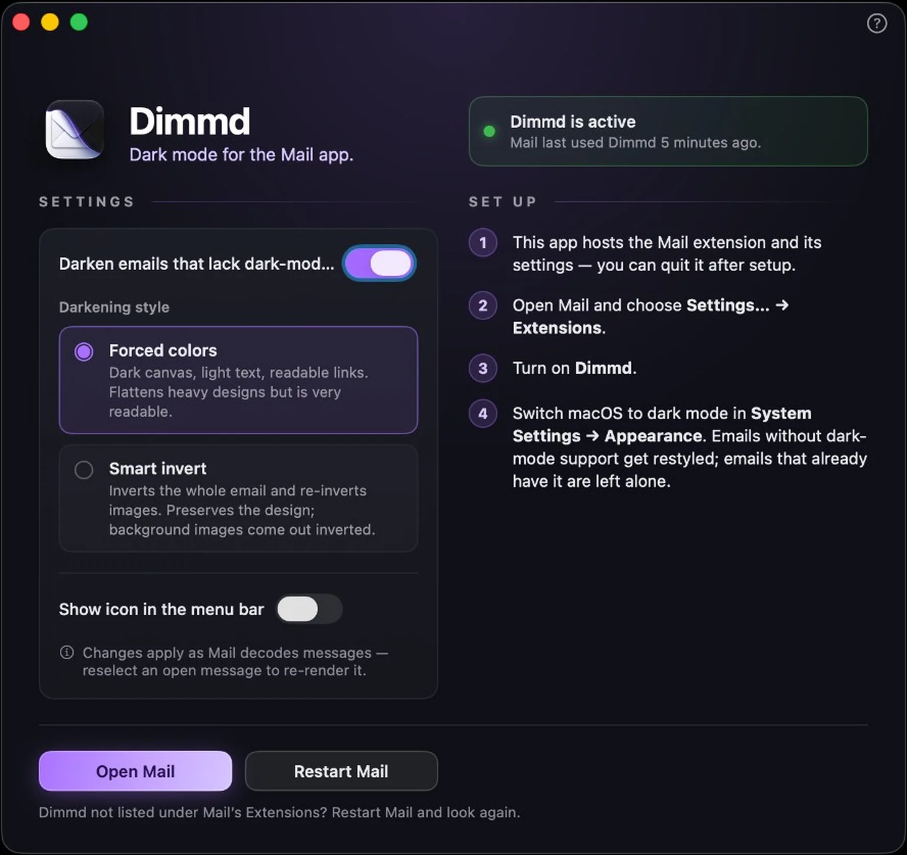 The Dimmd app window: green active status, settings for Forced colors or Smart invert, and four short setup steps with Open Mail and Restart Mail